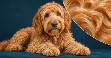 En abrikosfarvet goldendoodle ligger på en mørk petrolblå baggrund ved siden af et forstørret udsnit af dens bølgede pels.