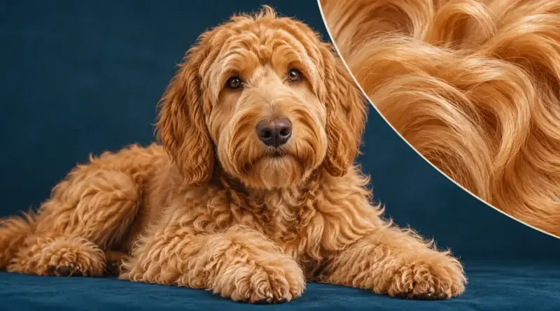 En abrikosfarvet goldendoodle ligger på en mørk petrolblå baggrund ved siden af et forstørret udsnit af dens bølgede pels.
