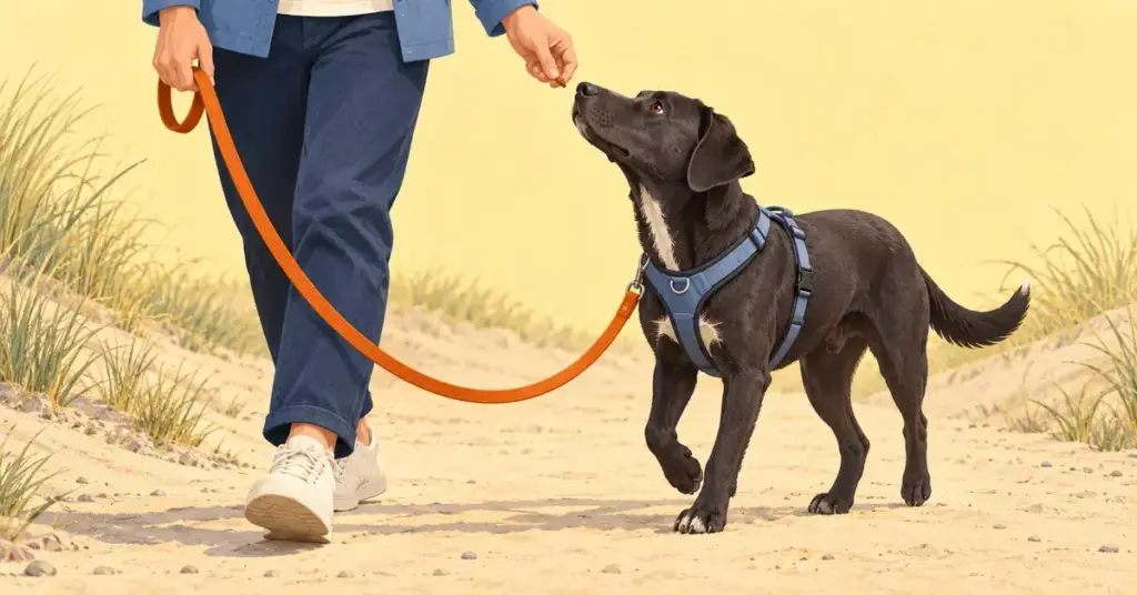En sort hund i blå sele går ved siden af sin ejer med løs orange snor og kigger op mod en godbid i ejerens hånd.