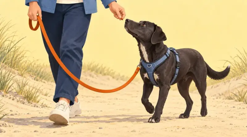 En sort hund i blå sele går ved siden af sin ejer med løs orange snor og kigger op mod en godbid i ejerens hånd.