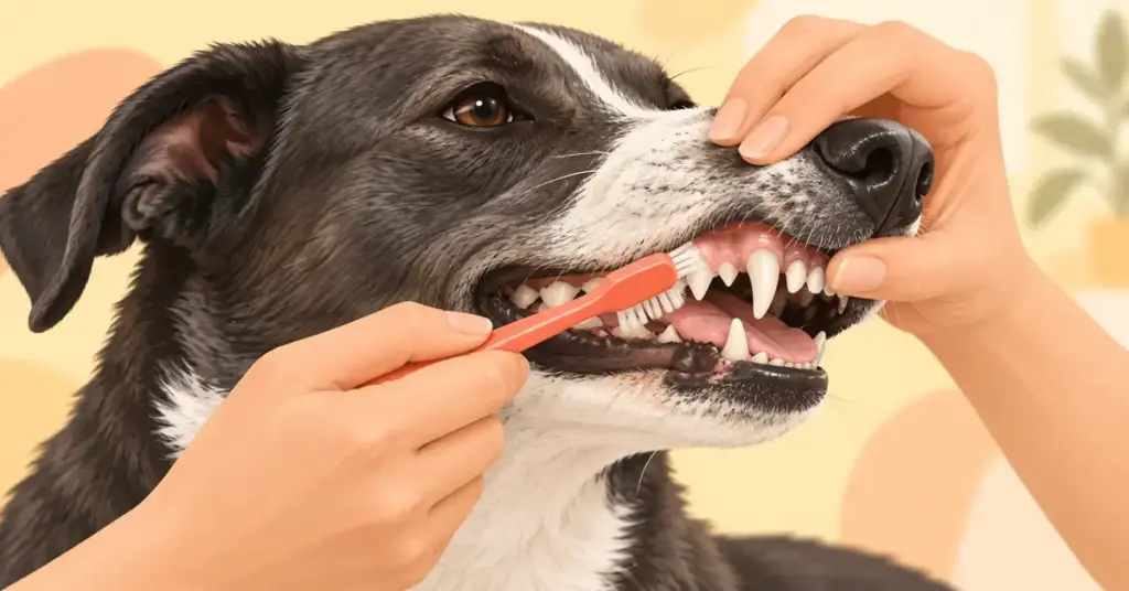 Illustration af en rolig grå og hvid hund, der får børstet tænder med en koralfarvet tandbørste, mens overlæben løftes forsigtigt.