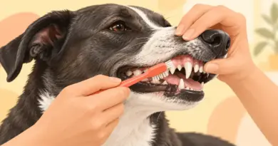 Illustration af en rolig grå og hvid hund, der får børstet tænder med en koralfarvet tandbørste, mens overlæben løftes forsigtigt.