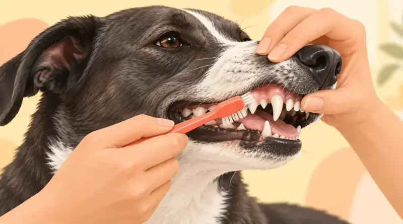 Illustration af en rolig grå og hvid hund, der får børstet tænder med en koralfarvet tandbørste, mens overlæben løftes forsigtigt.